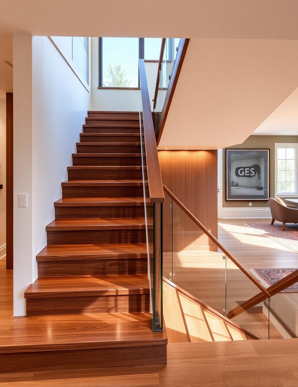 Walnut staircase with glass balustrade